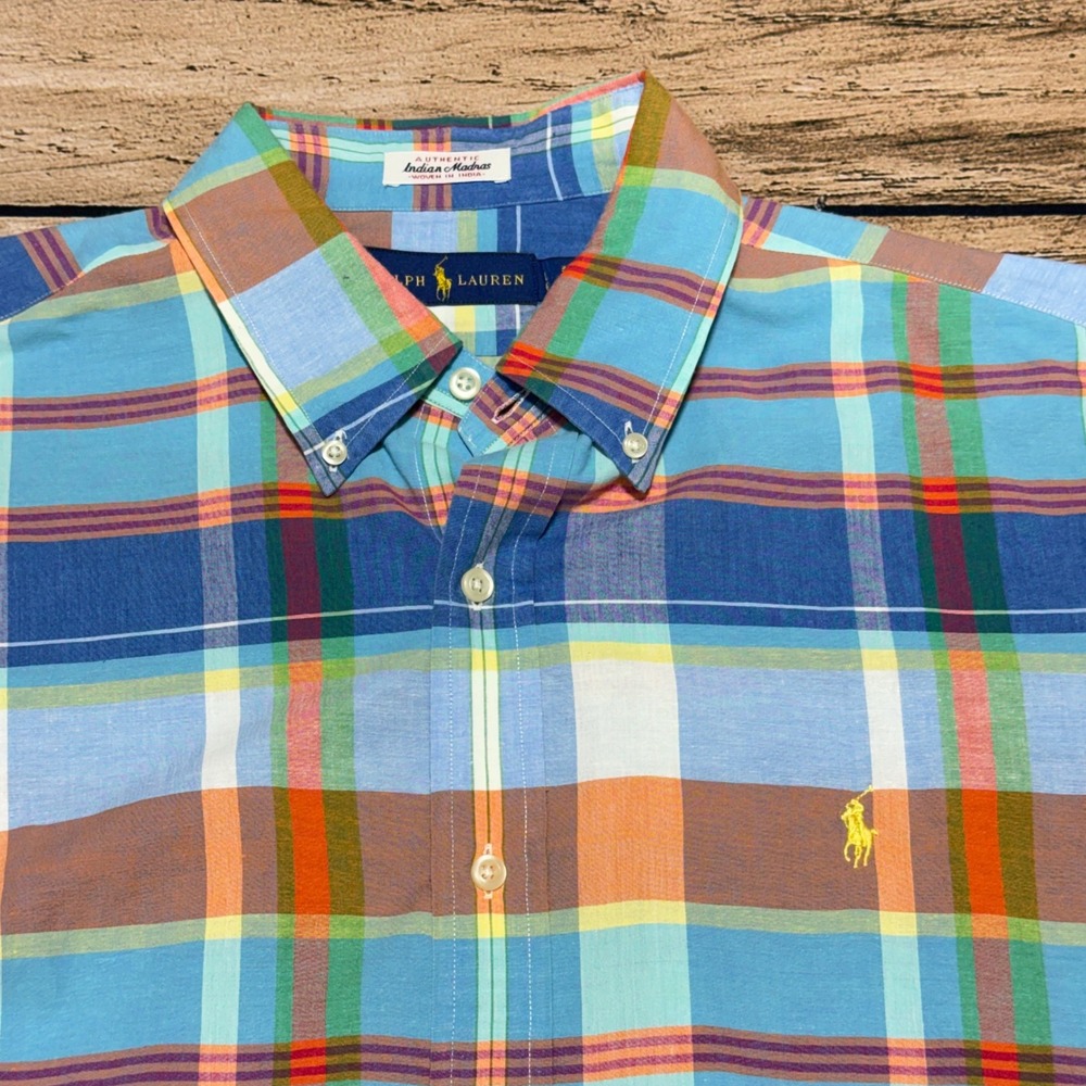 Polo Ralph Lauren Shirt Men L Blue Orange Indian Madras Plaid Lightweight LS